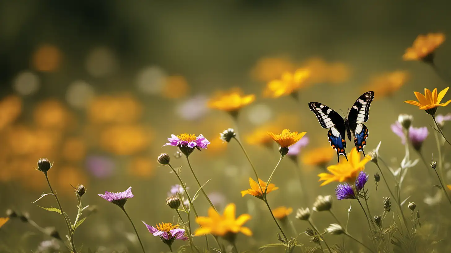 "Through the lens of a butterfly's flight: showcase the freedom and joy as it flutters amidst a field of wildflowers."