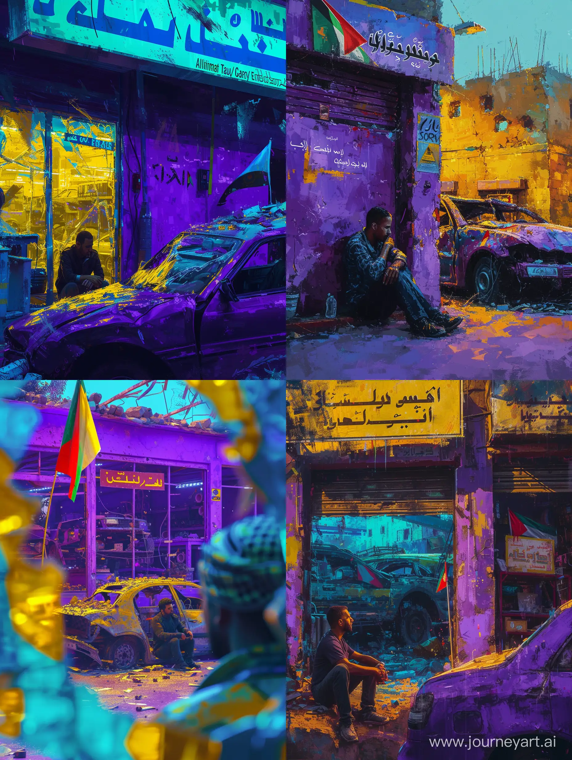 ultra realistic. close up. a Palestinian man is sitting in front of a car workshop that was destroyed by a bomb attack. workshops are purple and yellow. There is a Palestinian flag. a sign that says 'Altimat Auto Garage'. refraction of blue and yellow light. morning mood