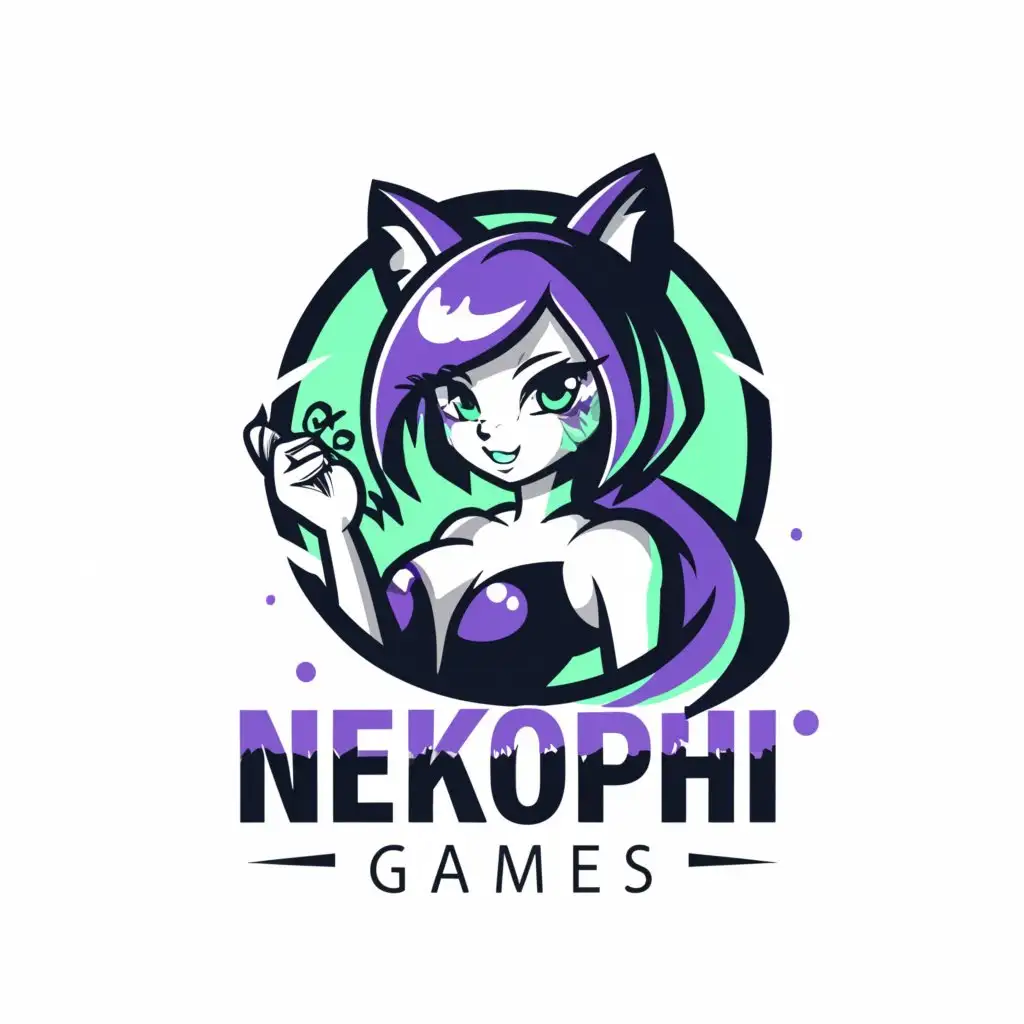 a logo design, with the text 'NekoPhi Games', main symbol: sexy catgirl purple teal anime, Minimalistic, to be used in Entertainment industry, clear background
