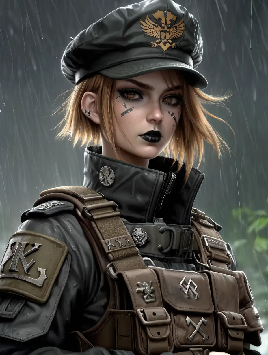 Young Warhammer 40K commissar woman. Her face looks like Alex Zedra. She has an extremely short haircut. The hair from the top of her head, parts to both sides of her head. Her hair is muddy brown. Her muddy black uniform jacket fits perfectly under her plate carrier rig. She has faded light black eyeshadow. Her uniform has a lot of Nordic inspired runes. She has faded matte black lipstick. She has pale skin. She is wearing a plate carrier rig with a lot of pouches and shoulder straps. Background scene is a dark muddy swamp in a torrential rainstorm. Her uniform fatigues have a high collar wind gaiter top. She is wearing crumpled wet officer hat that has Nordic emblems on it. Her plate carrier rig is drab brown colored. Her plate carrier rig has a Nordic knots patch on it and a lot of Nordic runes on it. All of her clothes are soaking wet. She has Norse inspired insignias on her shoulders.