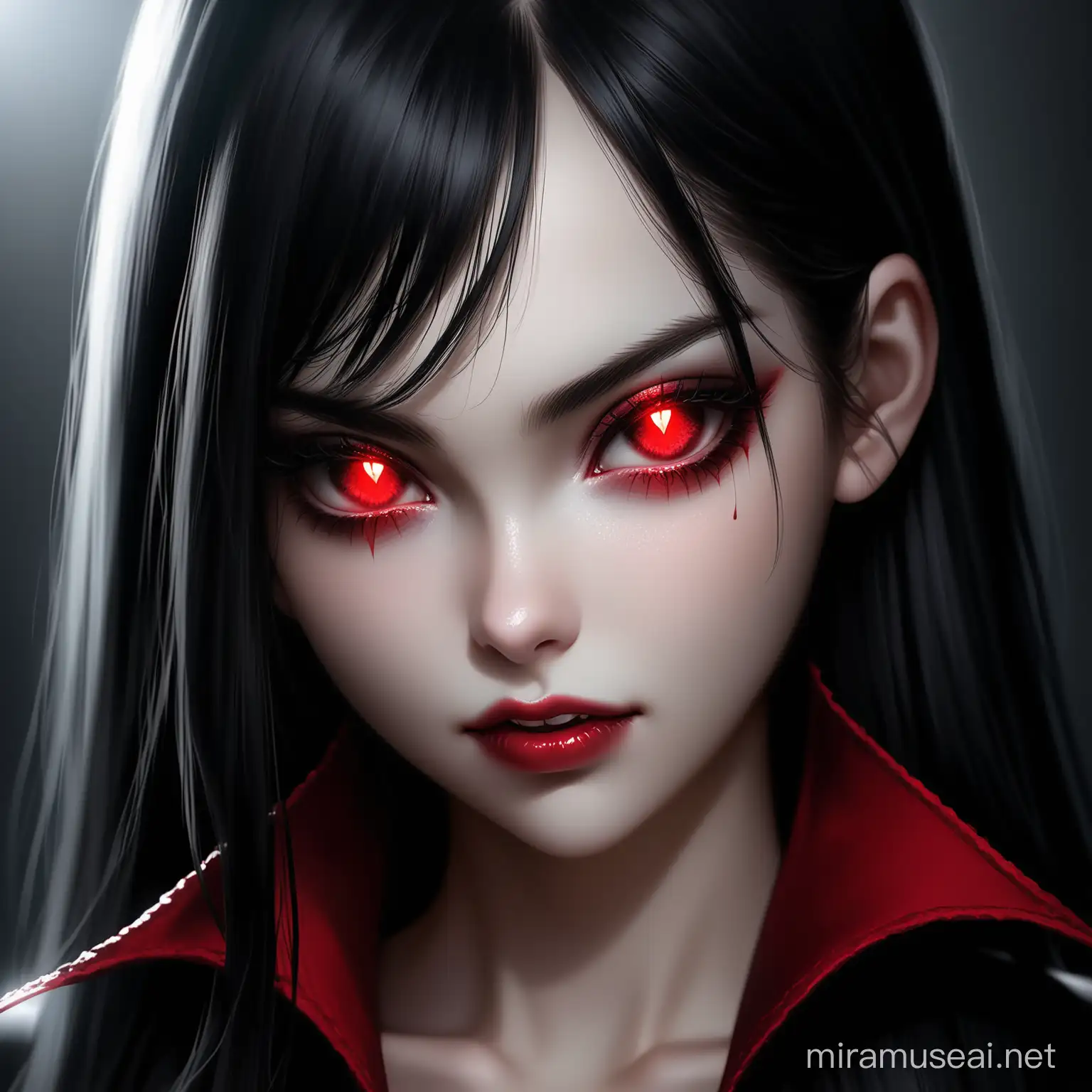 cute attractive young woman vampire with realistic features. seductive look. long straight black hair. glowing red pupils and dark eye shadow. grey background, texture, studio lighting, natural lighting, studio photo, photorealistic, realistic, ultra-high detail, sharp focus, 8k