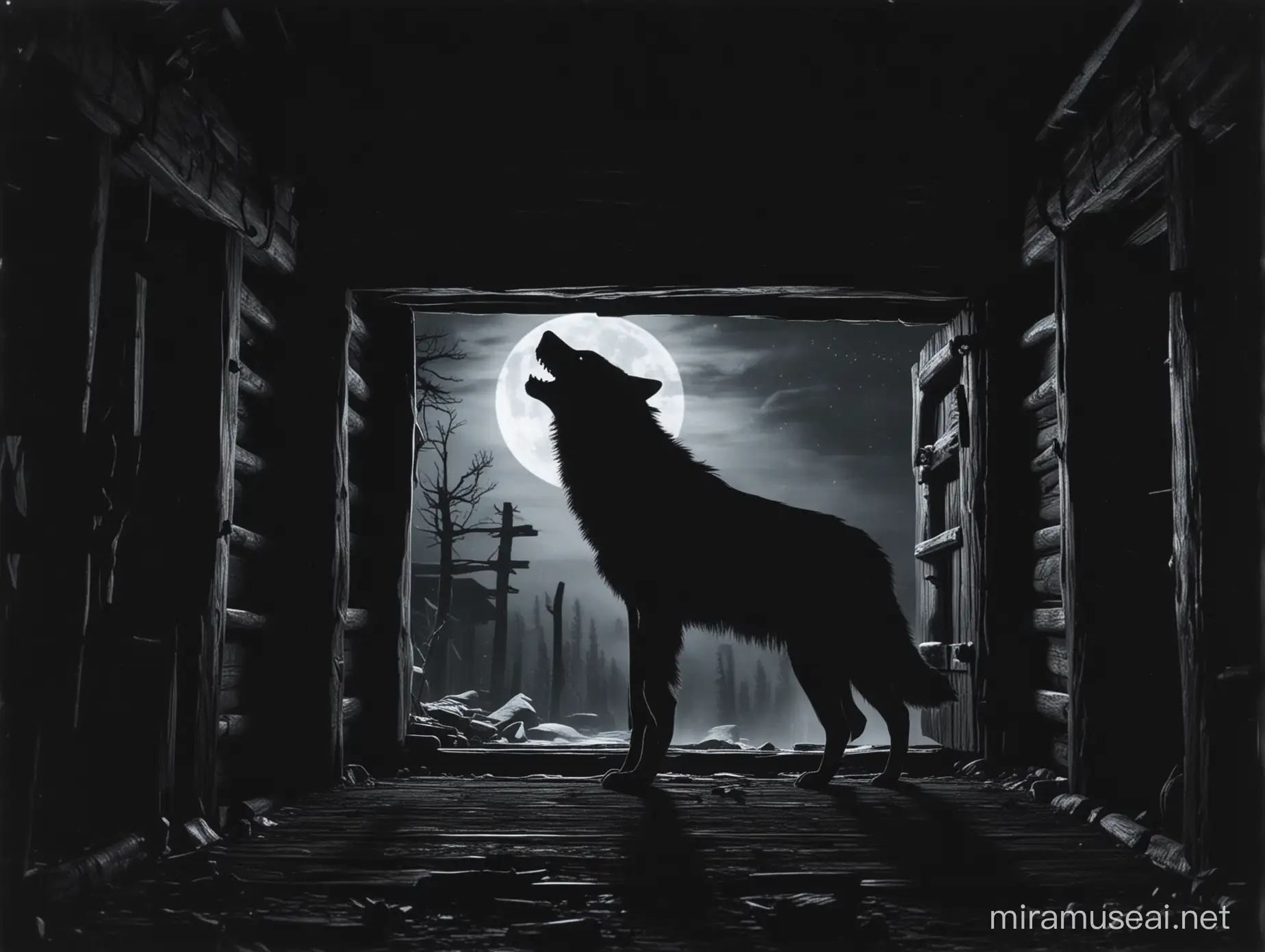 Silueta de un lobo feroz enorme aullando dentro de una cabaña antigua y oscura por la noche