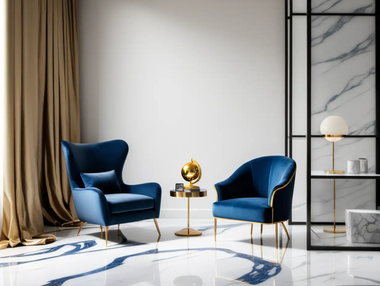 Commercial Photography, modern minimalist bedroom interior with blue chair, golden decor and marble floor