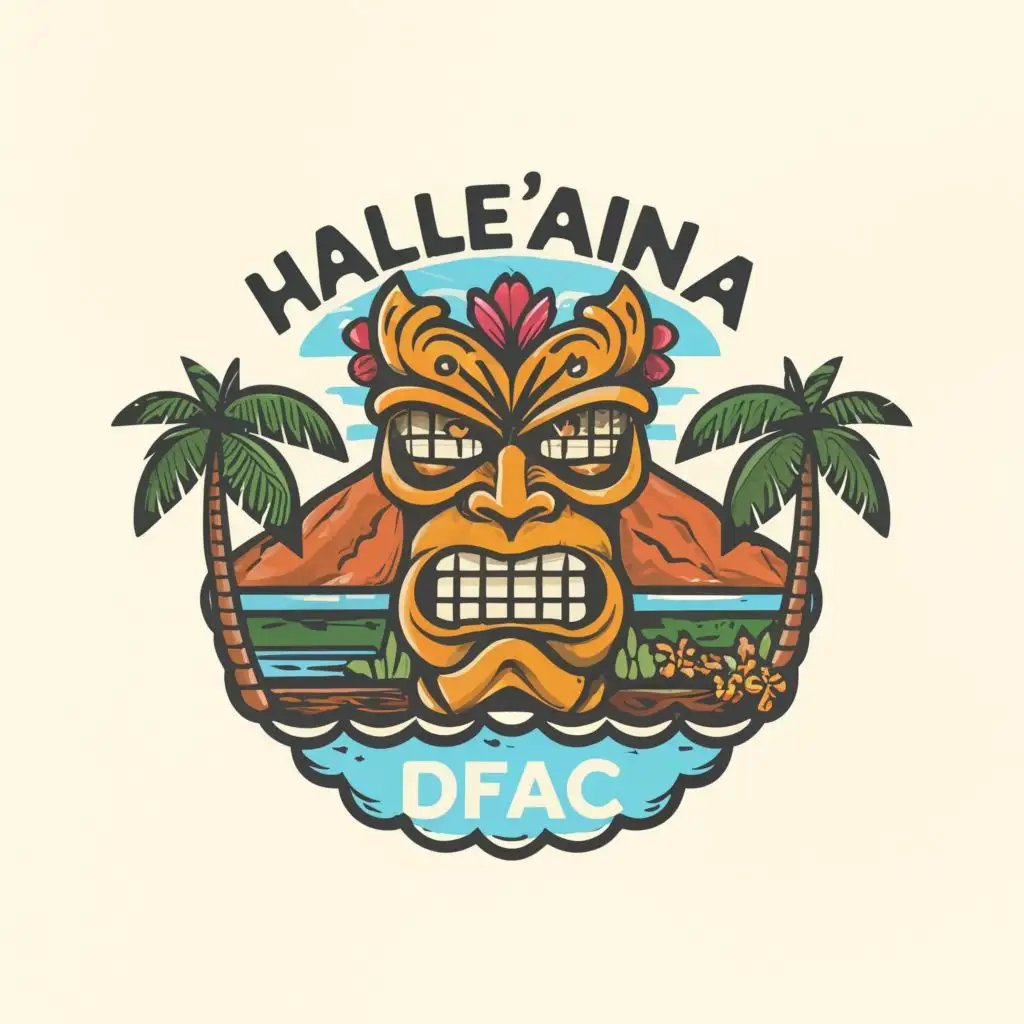 logo, modern Hawaiian tiki with flowers mountains water front, with the text "Hale 'Aina
DFAC
", typography, be used in Restaurant industry