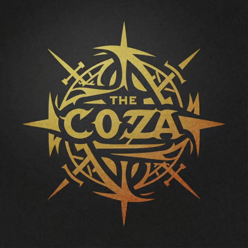 a logo design,with the text "The Coza", main symbol:Galaxy, Crumrine, Champion, Fire, Sword, Lightning Bolt, big gold belt,complex,clear background