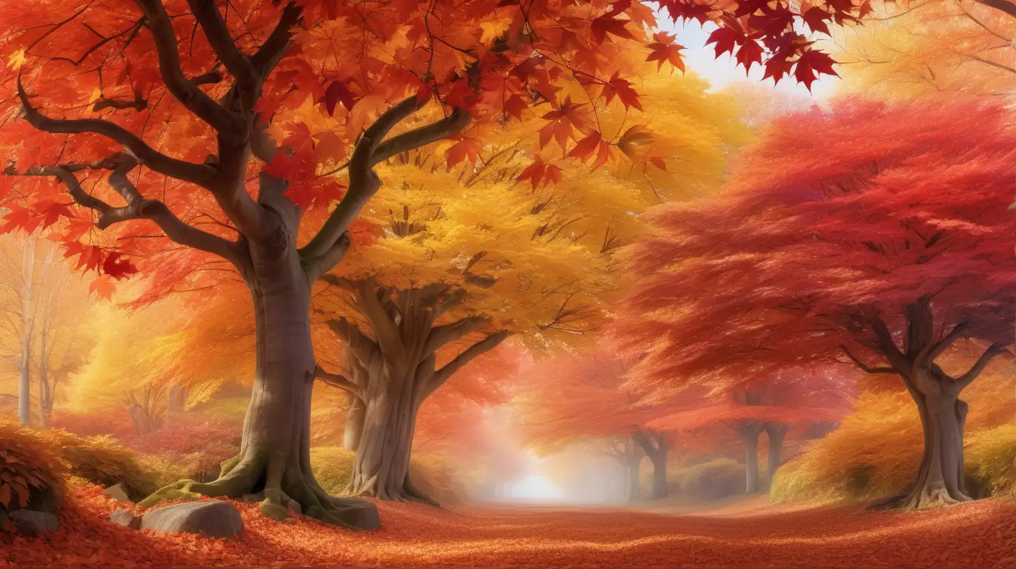 Capture the vibrant hues of maple leaves in a symphony of reds, oranges, and yellows, creating a stunning autumnal canopy.