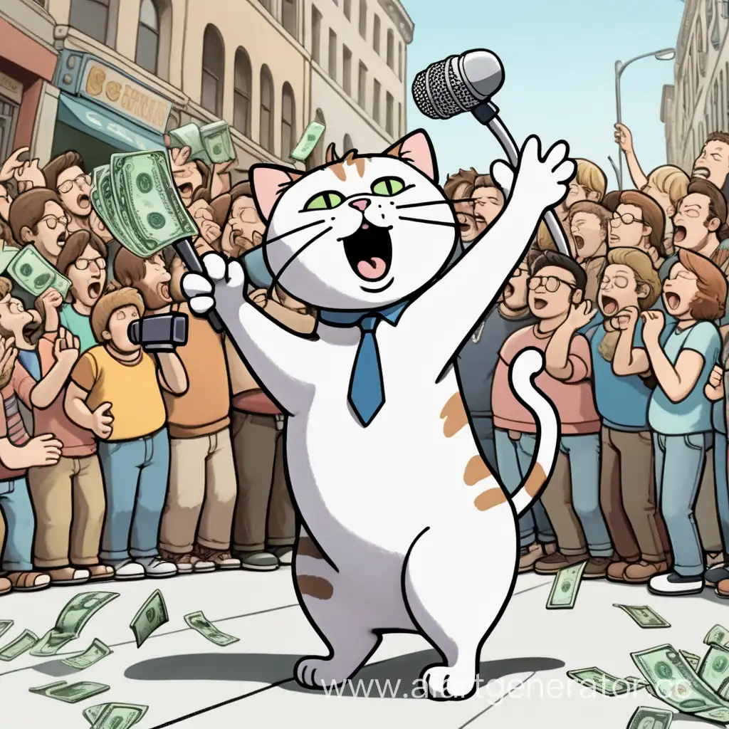 Street-Serenade-Cartoon-Cat-Performing-with-Enthusiastic-Audience