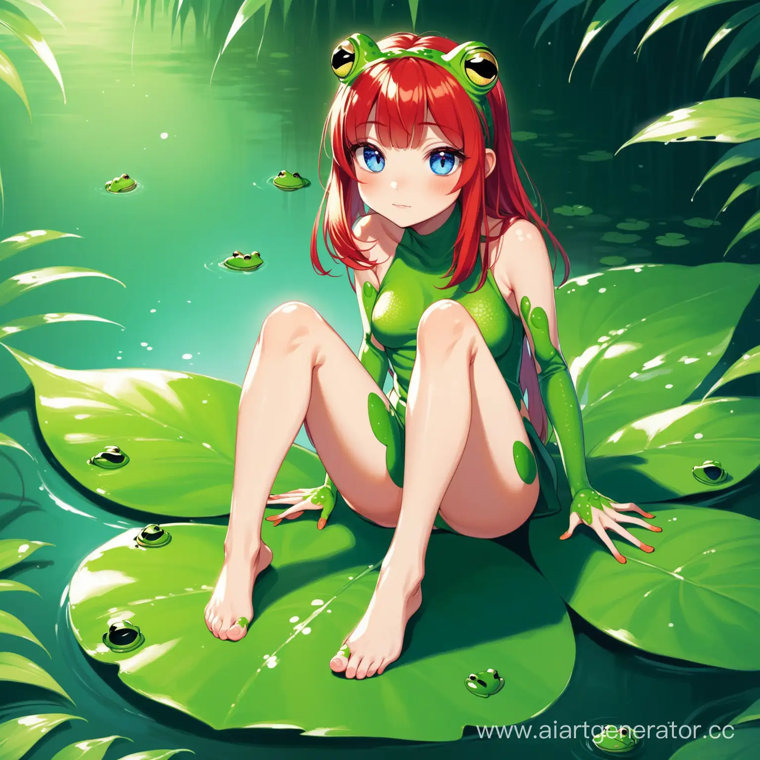 Frog-Girl-with-Red-Hair-and-Blue-Eyes-Sitting-on-Leaf