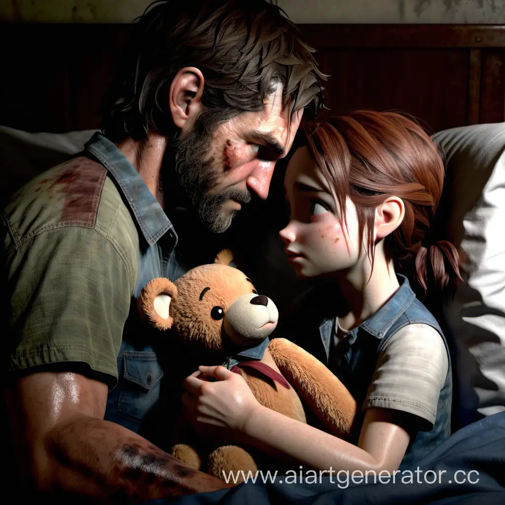 ellie and joel from the last of us. joel is tucking ellie into bed and kissing her goodnight. ellie is holding a stuffed teddy bear