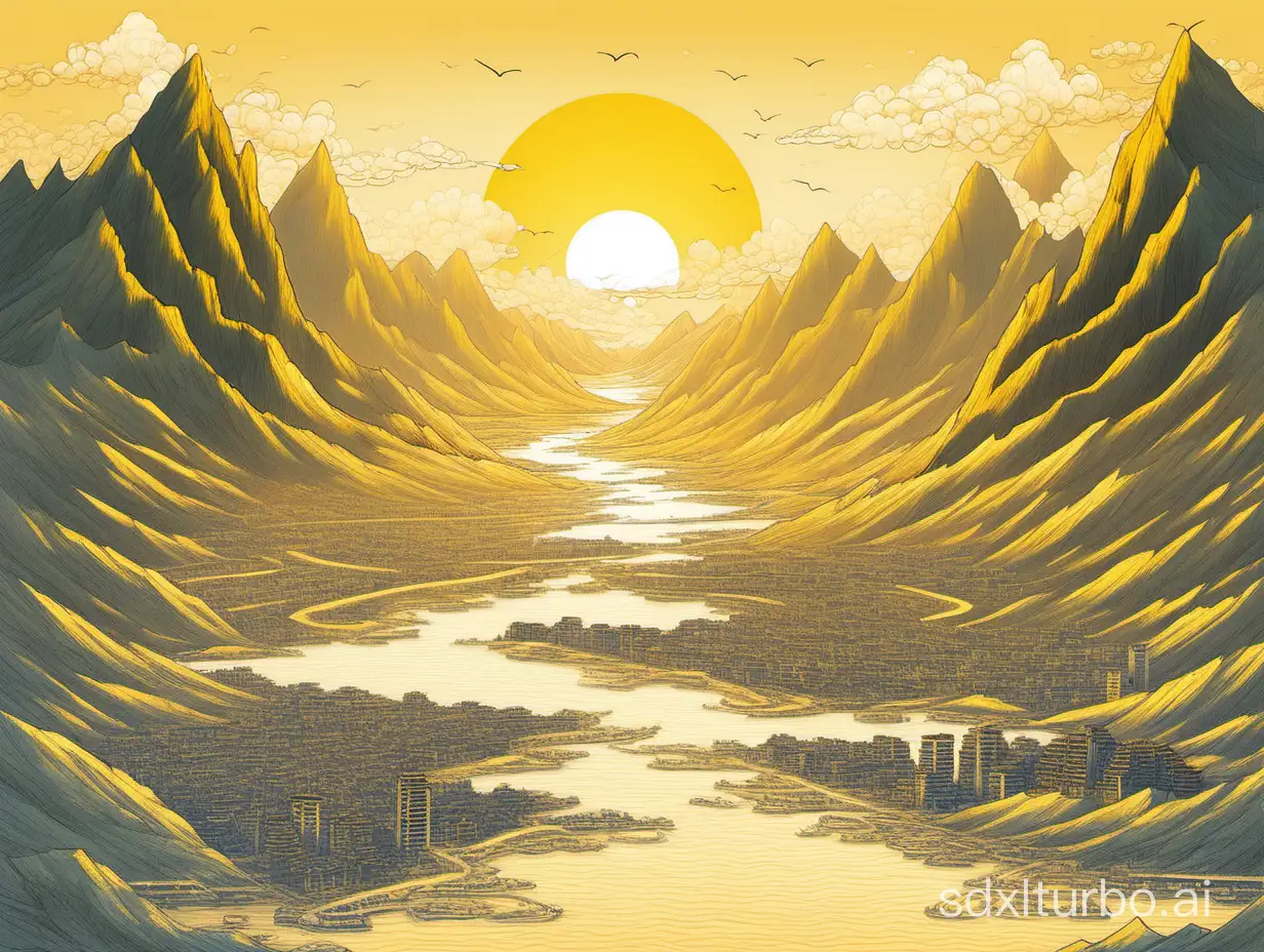Golden-Sunset-Over-Mountain-Peaks-with-River-Flowing-Towards-the-Sea