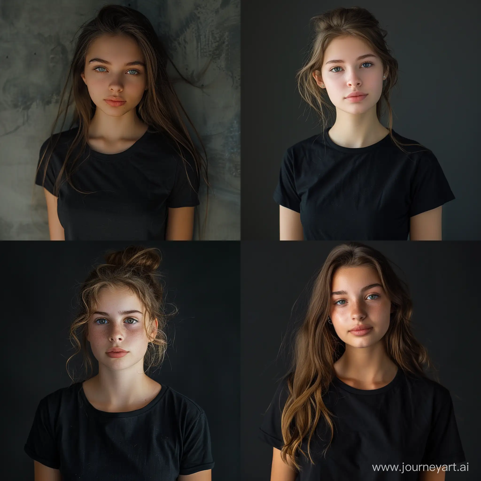 beautiful girl in a black tshirt, 18 years old, in the style of sterling silver highlights, Samyang 14mm f/2.8, realistic portrait