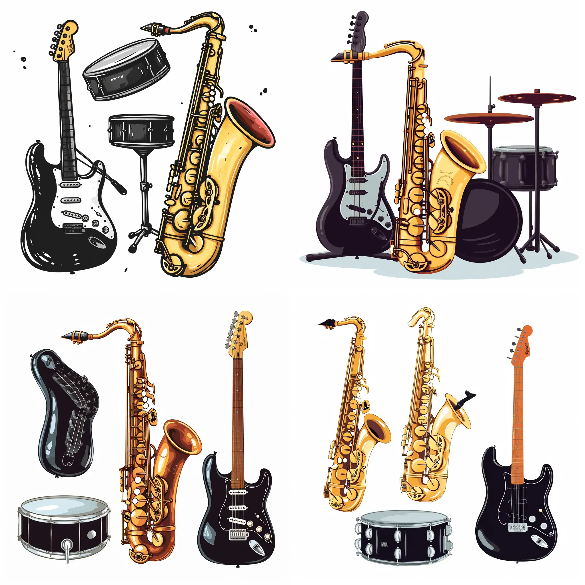 Musical-Instruments-Cartoon-Trio-in-Bold-Black-and-White-Vector-Illustration
