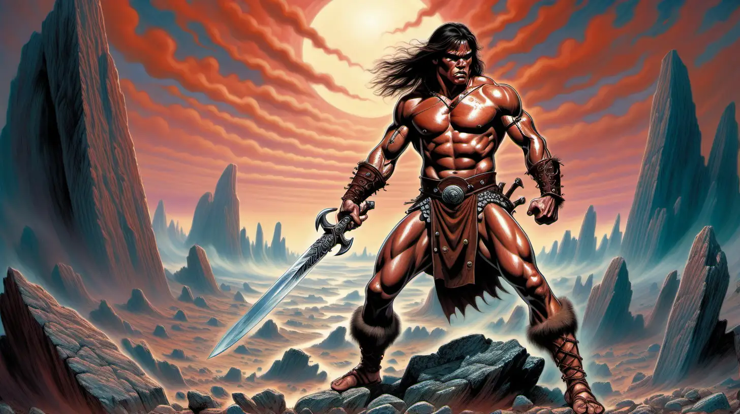 a young conan the barbarian, on a rocky plateau, holding a two-handed sword, defeated enemy corpses littered around, psychedelic sky, vibrant,  by Glenn Fabry
