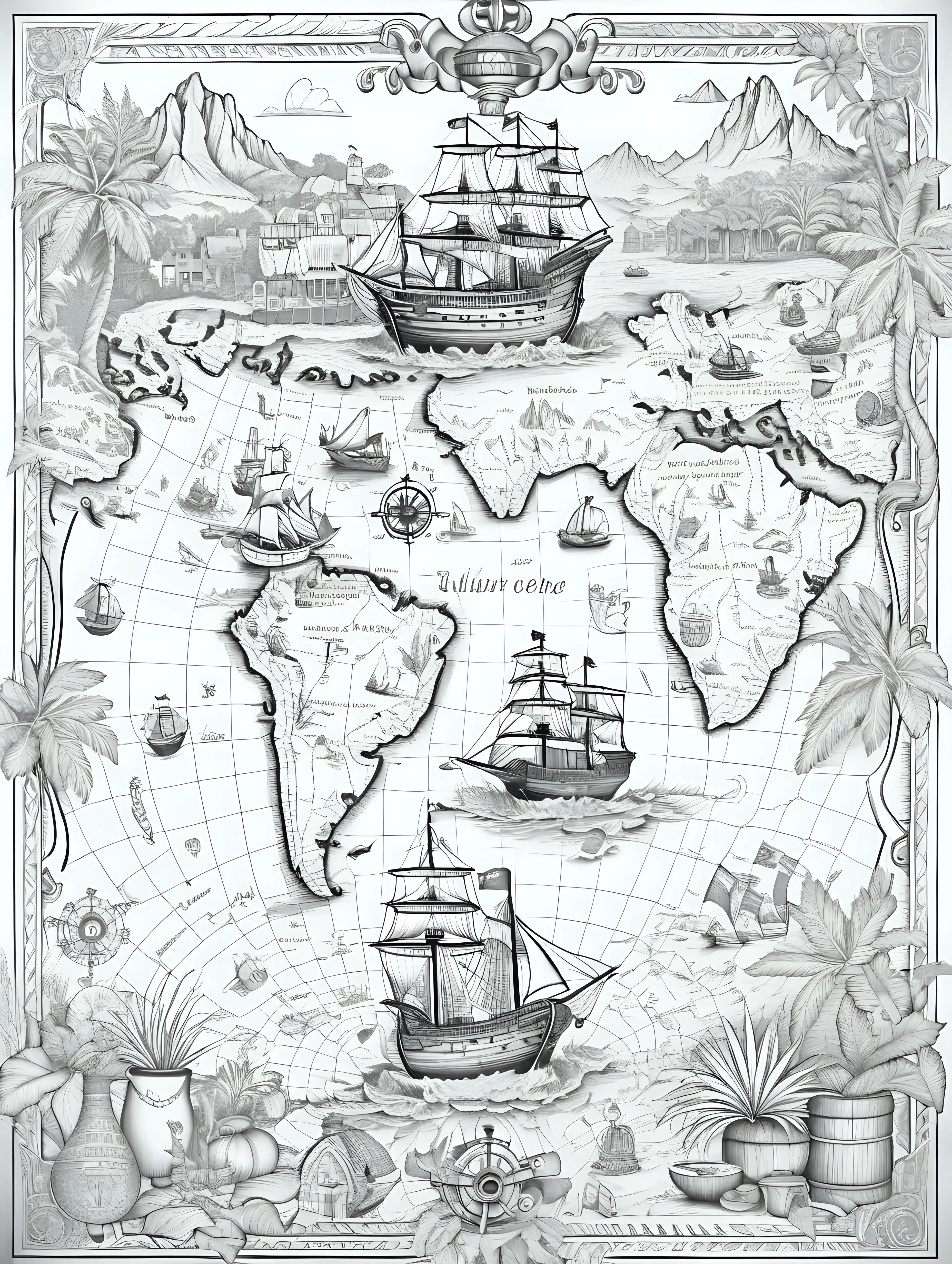 Adult coloring book of treasure map 

