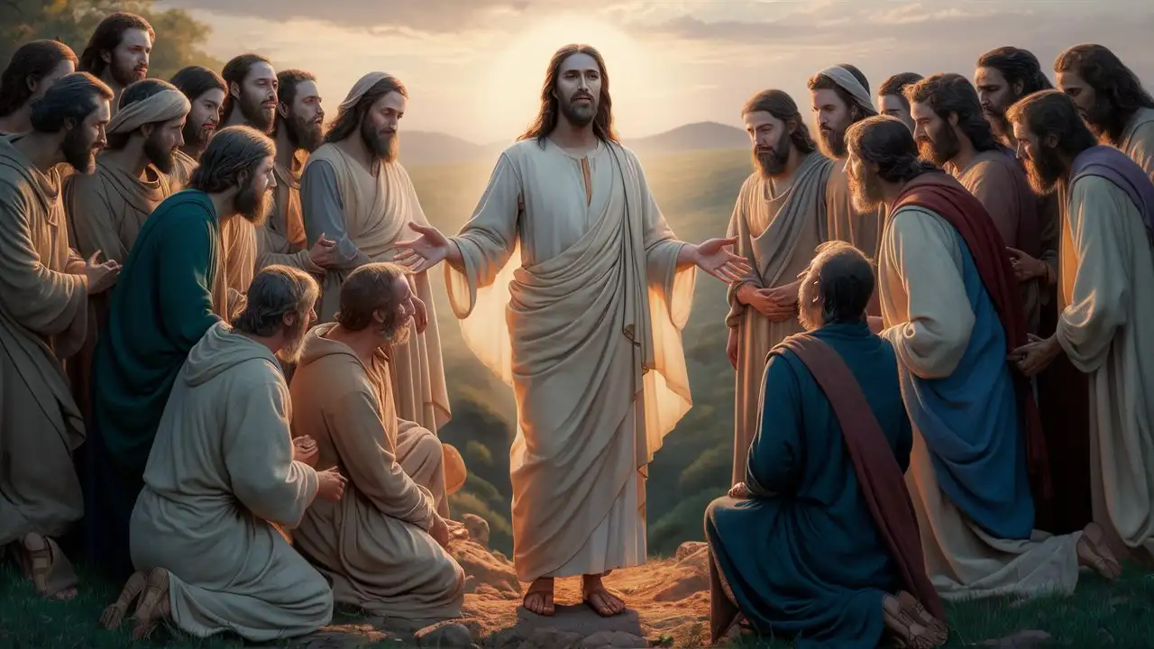 Create an AI-generated image depicting one of Jesus' post-resurrection appearances to his disciples. Show Jesus surrounded by his followers, emanating a sense of reassurance and guidance as he imparts instructions that strengthen their faith and confirm his identity as the risen Lord.