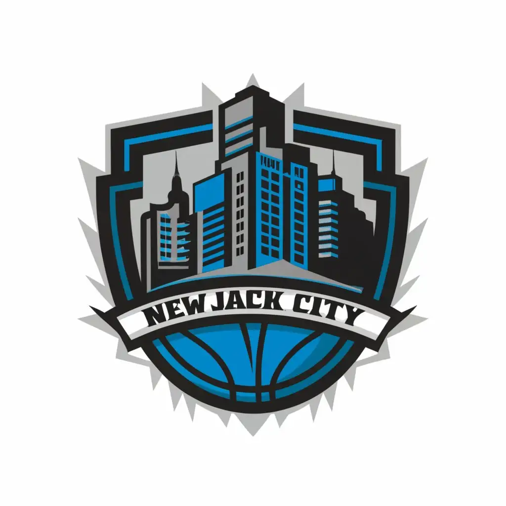 LOGO-Design-for-New-Jack-City-High-School-Futuristic-Basketball-City-in-Blue-and-Black