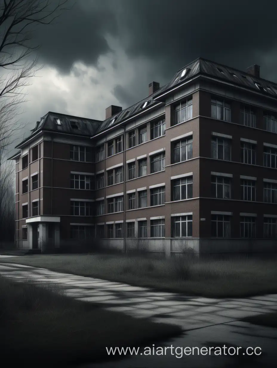 psychiatric hospital, exterior view, photorealism, detailed drawing, gloomy tones