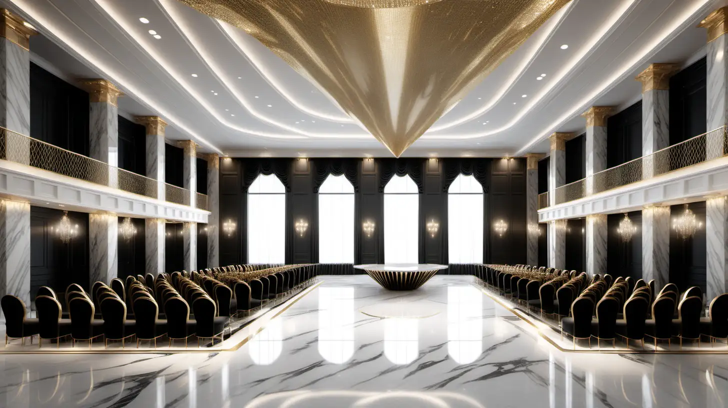 great hall. long luxury interior. double height. elegant. smooth surface floors. diamond encrusted fluid ceiling. archviz. lights. 1-point perspective. frontal perspective. elegant stage in the center. surrounded by seats. gold, black, and white marble. extravagant. large high table.