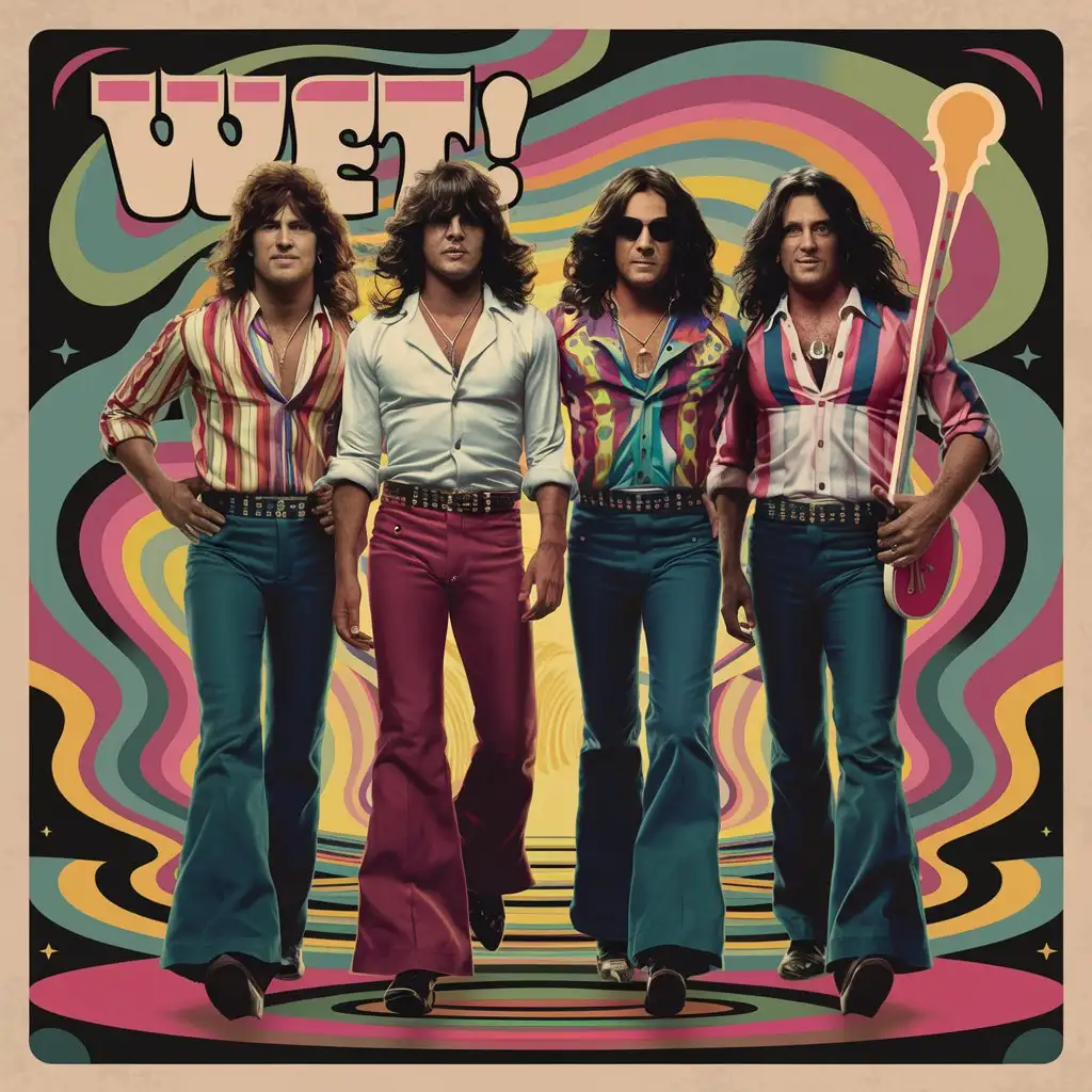 a 70s style album cover for the band WET! with four sexy guys on the cover