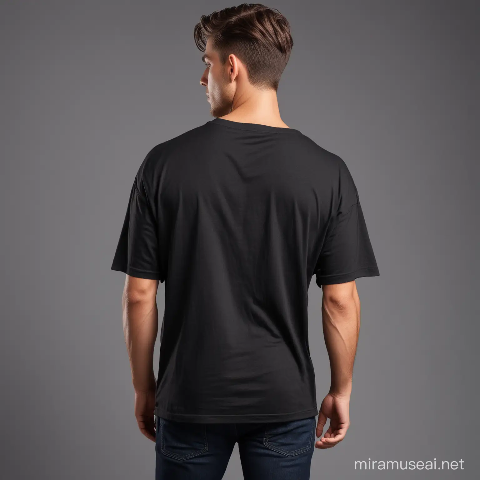 proper back view of a smart good looking male model looking to camera in black waist length drop shoulder oversized fit t-shirt with professional lighting modeling for a t-shirt brand