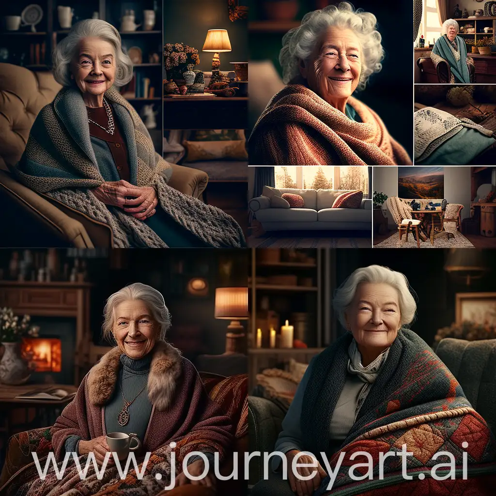 CINEMATIC (masterpiece, 8K, UHD, photo-realistic:1.3), elderly woman, twinkling blue eyes, silver luxurious hair, (wide infectious smile:1.2), cozy living room, vintage furniture, warm colors, woven woolen shawl, (photo album:1.3), photos with grandmanren, loving family, nostalgic atmosphere, soft lighting, intricate details, vibrant houseplants