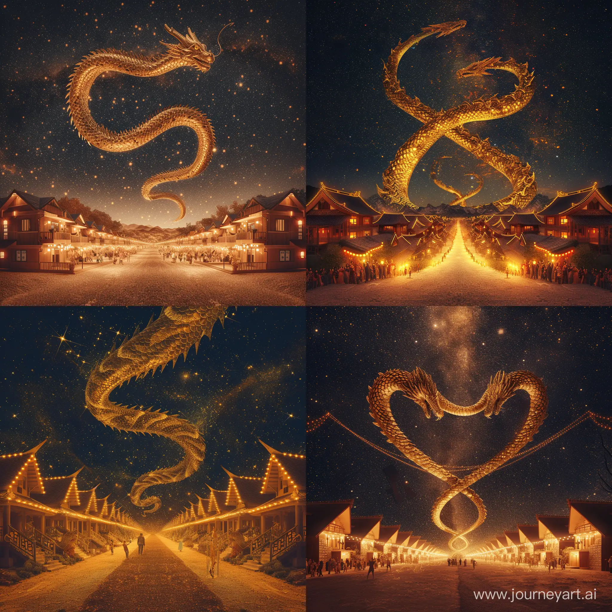 /imagine prompt: A photograph of a golden dragon coiling through the starry night sky above, with the ground below lit by the warm glow of lights from symmetrical houses that are arranged from distant to near. The houses are bathed in warm tones, and people are visibly joyful, celebrating under the radiant night. Created Using: dynamic angles, vibrant golden hues, contrasting warm lighting, detailed scales on the dragon, symmetrical architectural layout, cheerful human expressions, advanced digital rendering, night photography techniques --ar 1:1 --v 6.0