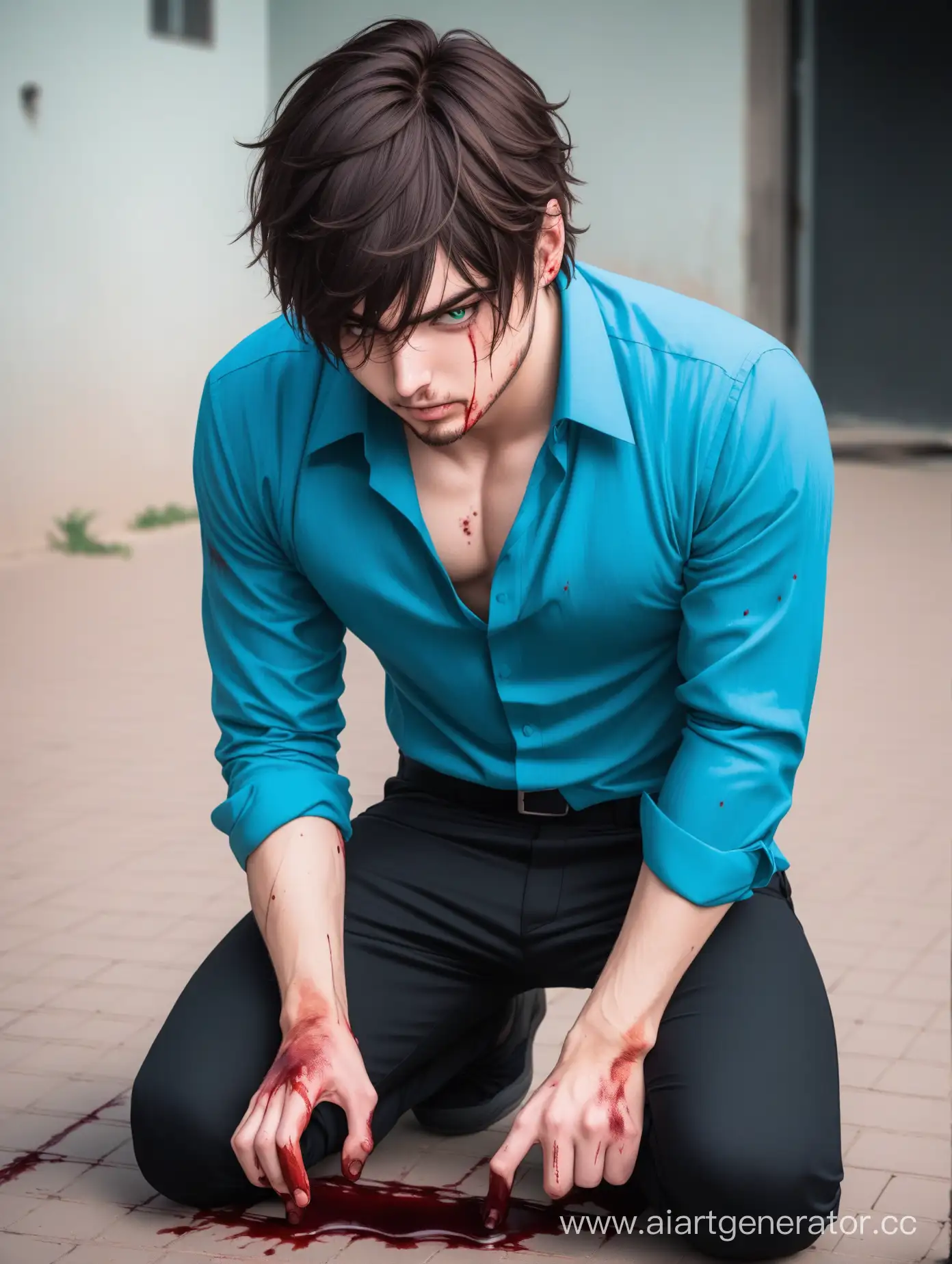 Brunette-Man-Examining-Bloodied-Hands-in-Blue-Shirt-and-Black-Pants