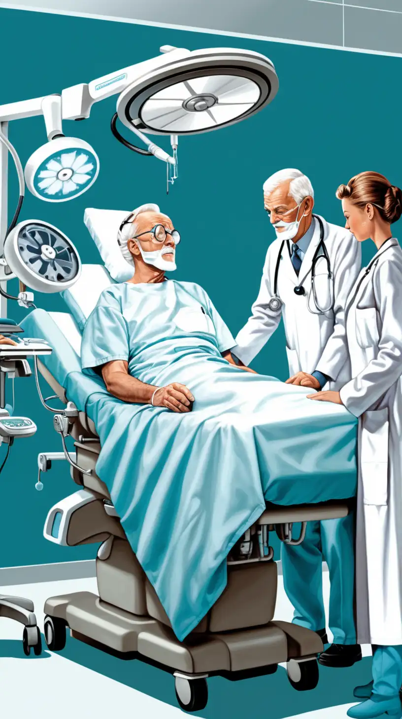 elderly man in operating room with doctor and nurse, cutway illustration