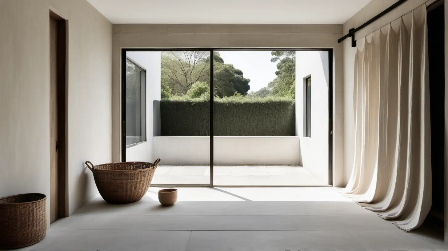 a minimalist organic Japandi large estate home laundry; walnut wood, Bauwerk limewash paint in Raw White; limestone floor; large window with linen curtains
