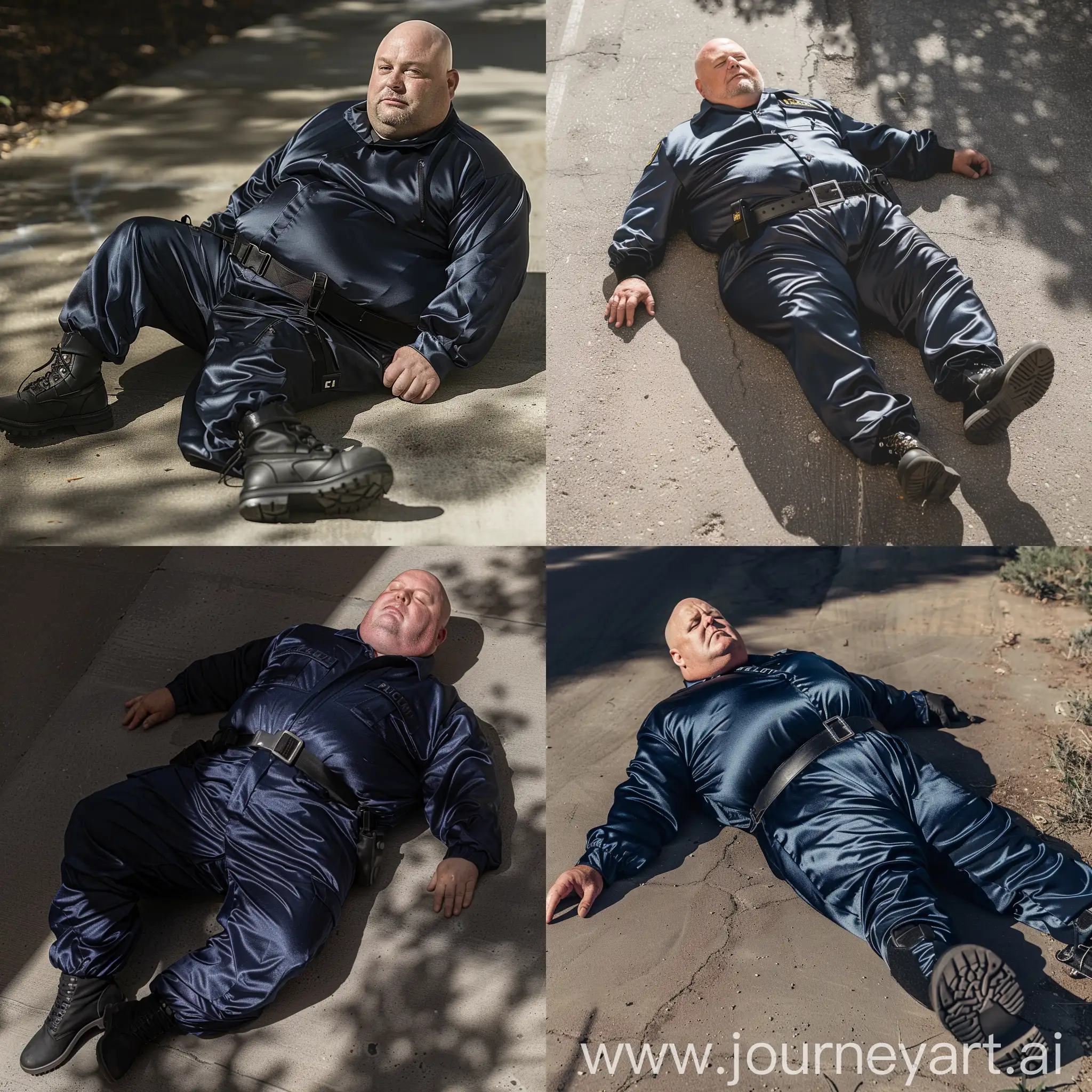 Photo of a fat man aged 60 wearing a silk navy security guard skinny-fitted full coverall tucked in black tactical boots. Black tactical belt. Lying completely flat on the ground in a prone position. Outside. Bald. Clean Shaven. Natural light.