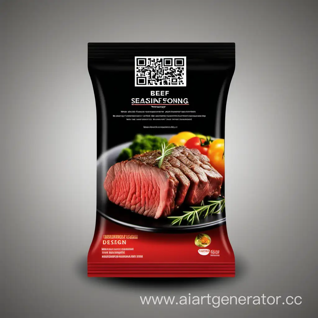 create a design for selling seasoning packaging for beef. put a QR code, a plate with ingredients for the recipe, a delicious beef dish, the advantages of the product - naturalness, original recipe on the front side. black background, logo at the top