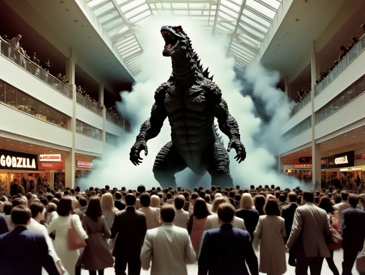 crowd fleeing Godzilla in a shopping mall in London Frank Frazetta style