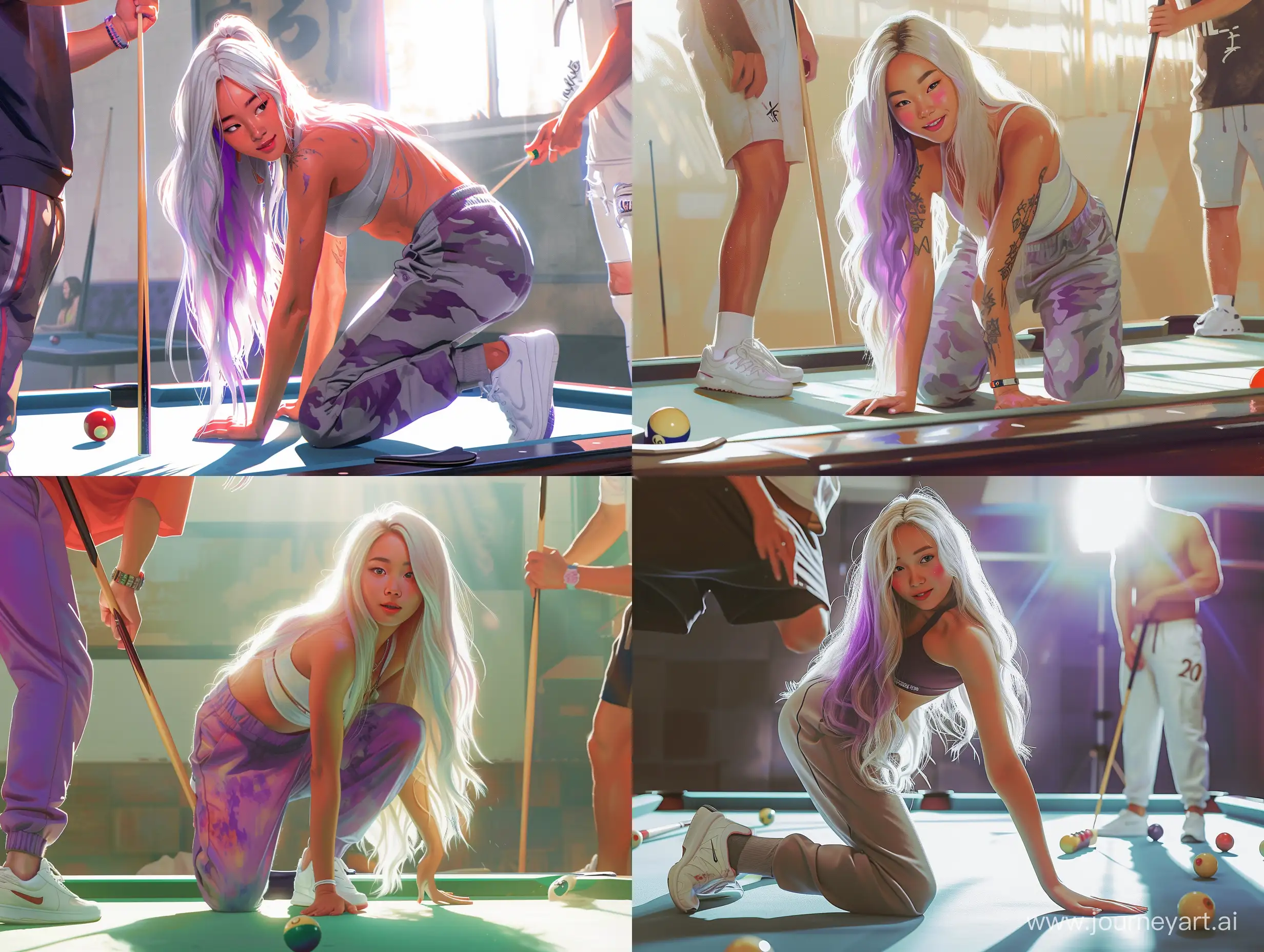 created for me a realistic image of an Asian girl, 20 years old,, toned skin, rosy cheeks, long white hair mixed with purple, yoga pants, white sneakers, her bending over the table to play billiards in the club space, opposite her is her playing partner holding a stick and observing her, bright light