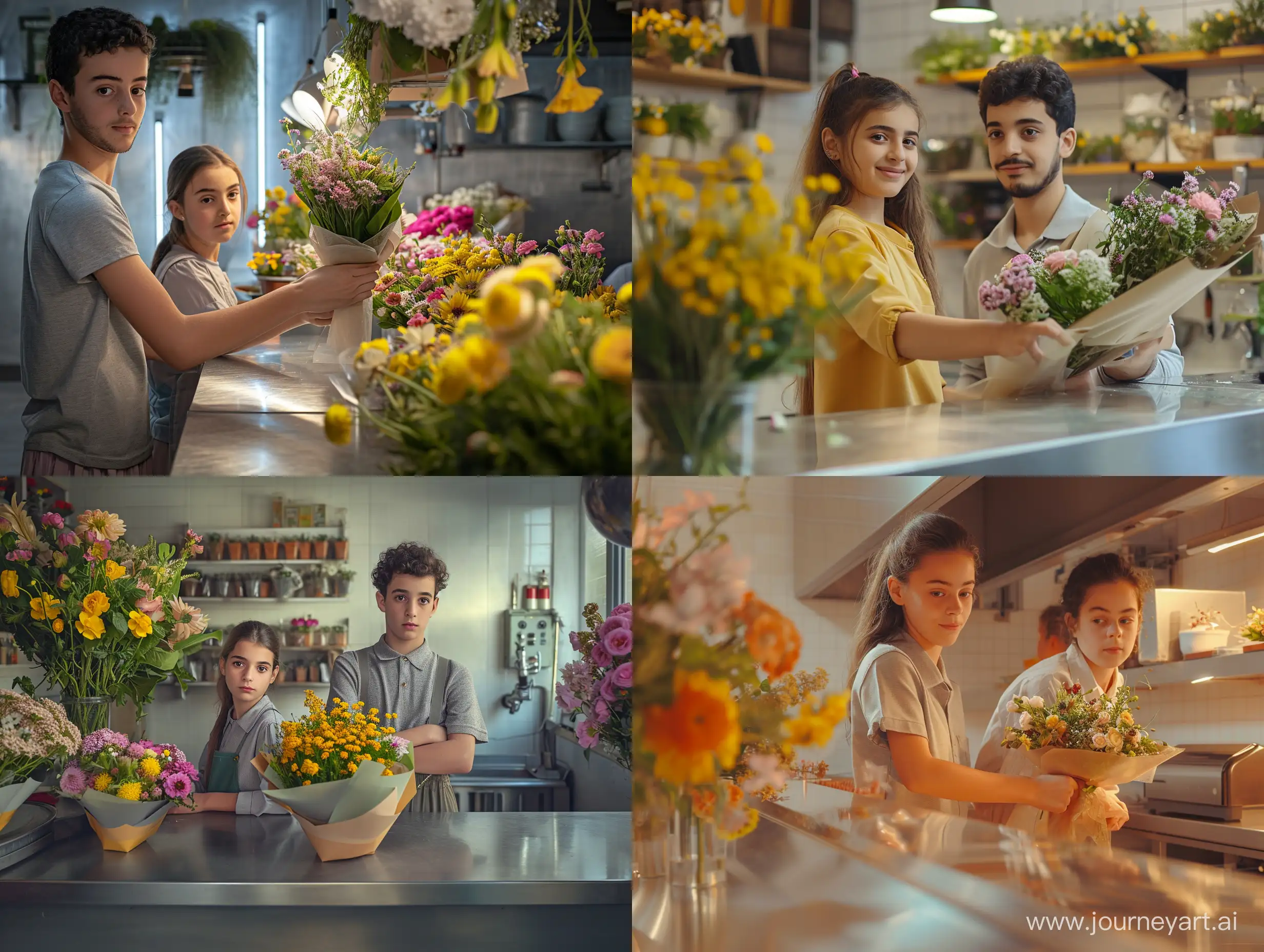 
Two young girls working in a flower shop, they’re at the counter putting in a new bouquet, ct in a studio, the man look at camera and smile, hyper-realistic, cinematic sytle, light silver and yellow, film/video, year 2023, in Galicia Spain


--ar

