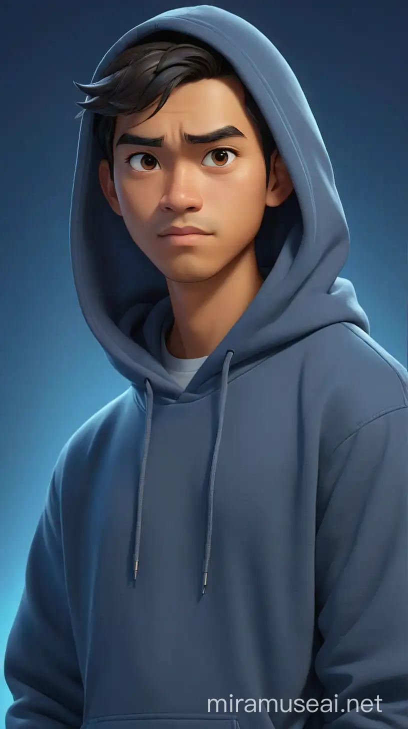 A 3d cartoon character of Indonesian man, 26 years old, wearing hoodie, standing, background blue light