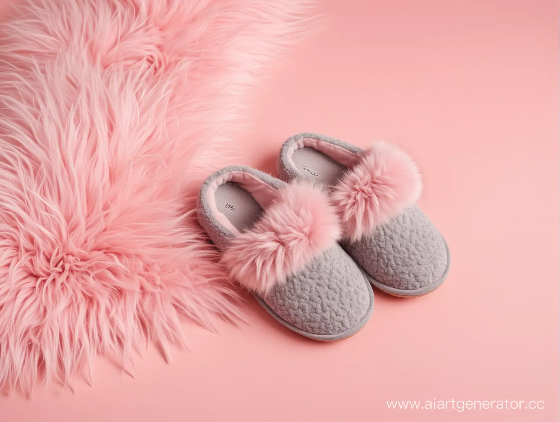 grey slippers on a pastel pink background with fur