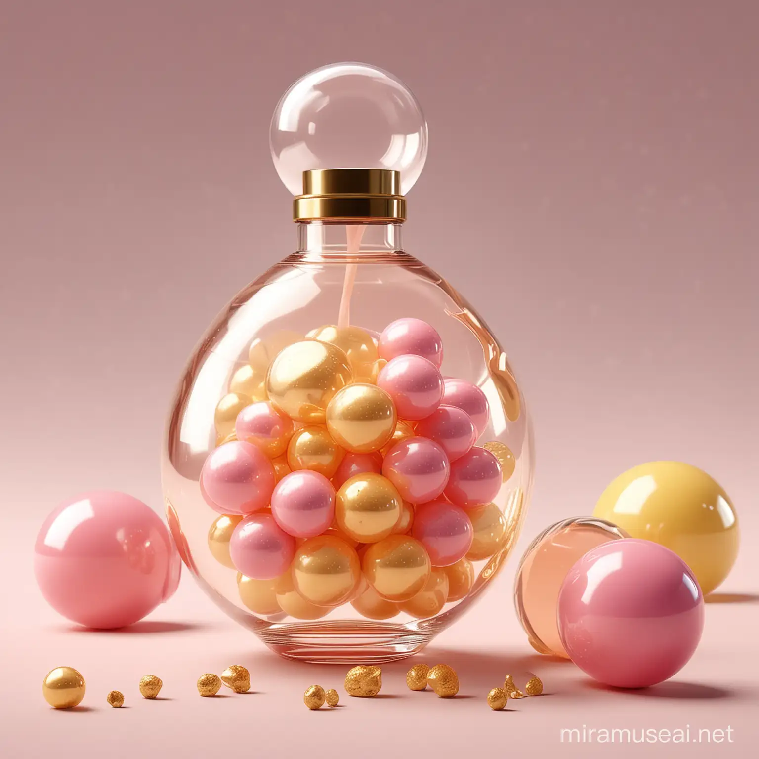 novelty fragrance bottle design with the idea of a bubble or bubble gum candy for colors, elements of gold with clean modern forms
