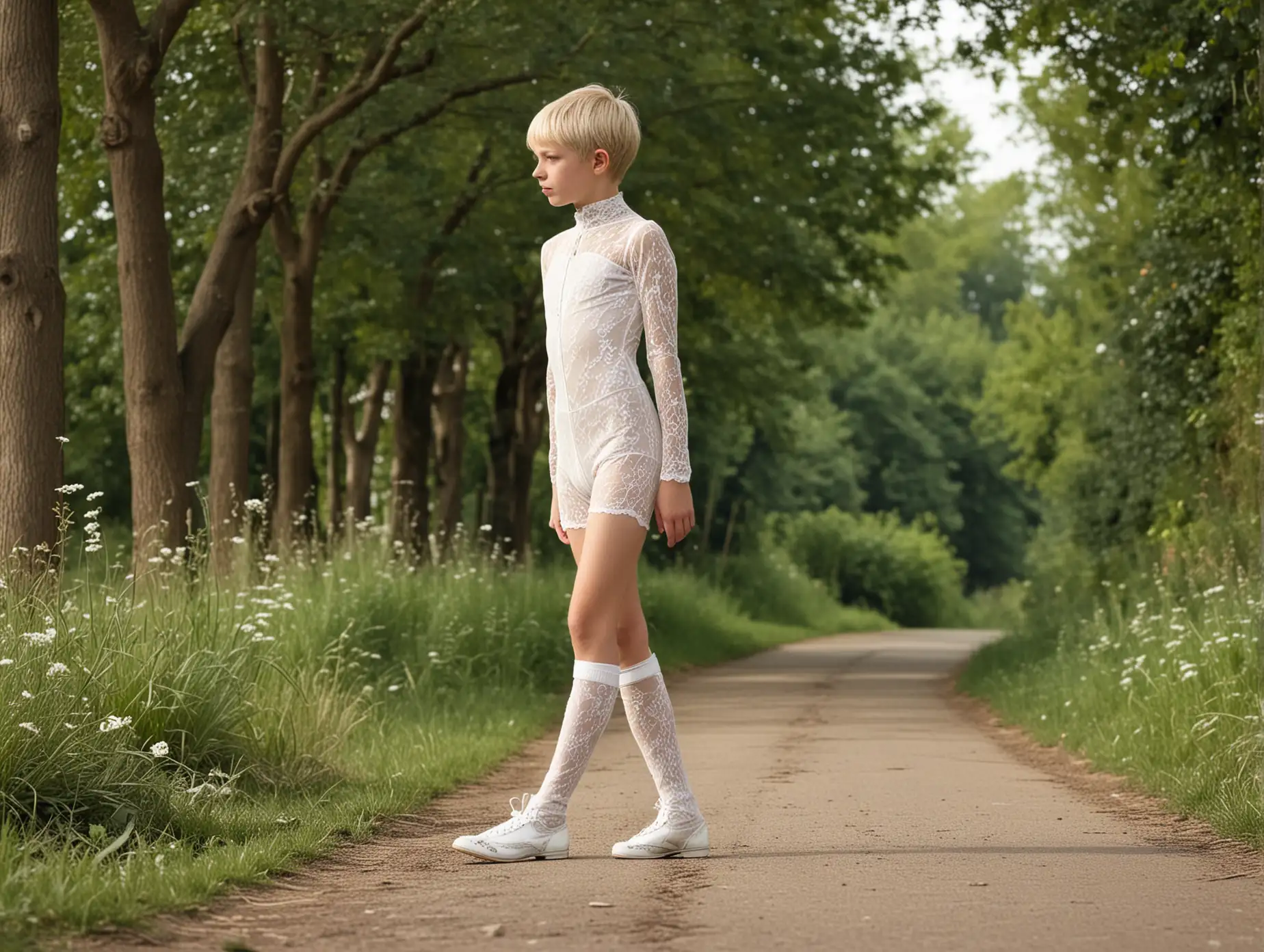 Slim-Blond-Boy-in-White-Lace-Catsuit-Strolling-Down-Country-Lane