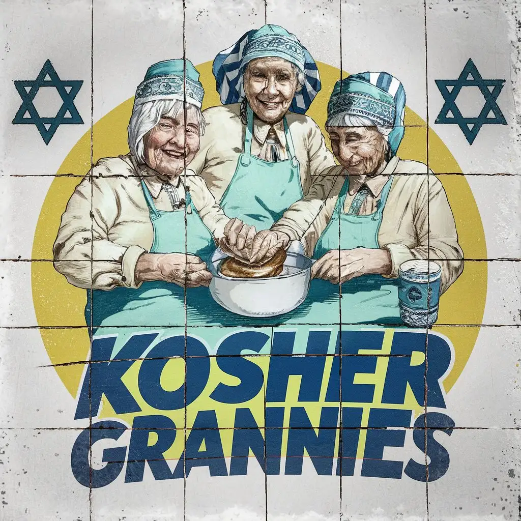 logo, Israel, soft yellow, pastel blue, white, 3 traditional old cute Jewish orthodox grannies making challah with Israeli headscovers, Paul Klee, with the text 'Kosher Grannies', in Portuguese tiles, typography, be used in the Automotive industry