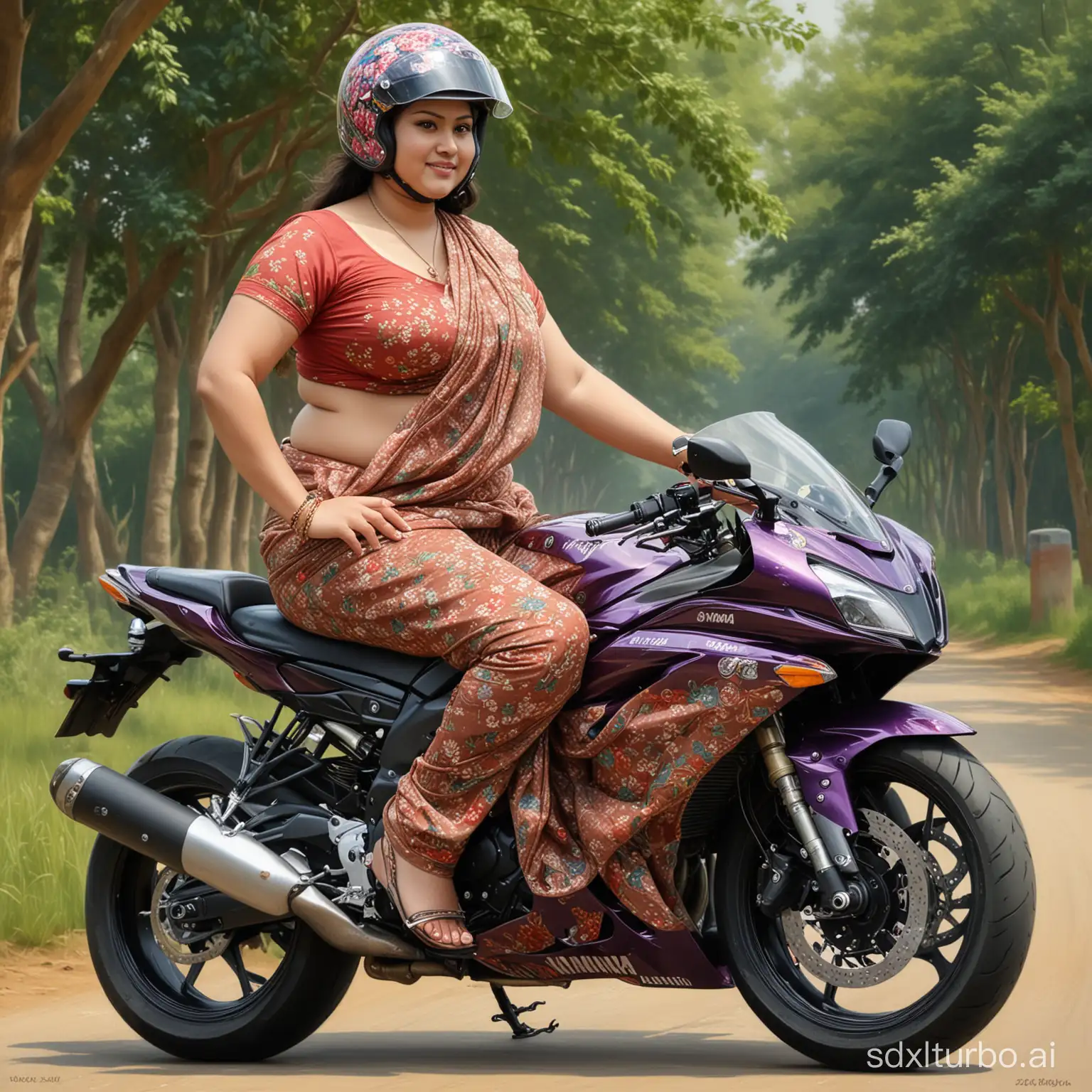 A beautiful fat lady , helmet, wearing a traditional Floral  Saree, bare midriff, riding on Yamaha R15 sportsbike, 2010 style realistic painting