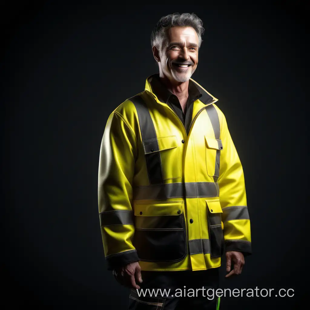 a man, smile, front and half-profile view, full length view, wearing beautiful very insulated black and luminescent yellow workwear, 
 cinematic, beautiful, elegant, atmospheric，RAW Photo, dynamic composition, G-Master Lens, Photorealistic, Hyperrealistic, Hyperdetailed, natural light, soft lighting, masterpiece, best quality, ultra realistic, 8k, Intricate, High Detail in julie bell style