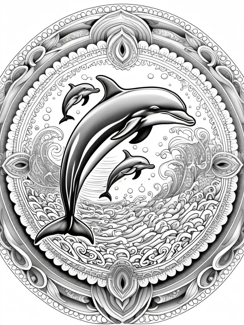 adult coloring book, black and white, best linework, high details, no color. 3D symmetrical mandala with a friendly, playful dolphin leaping out of the water.