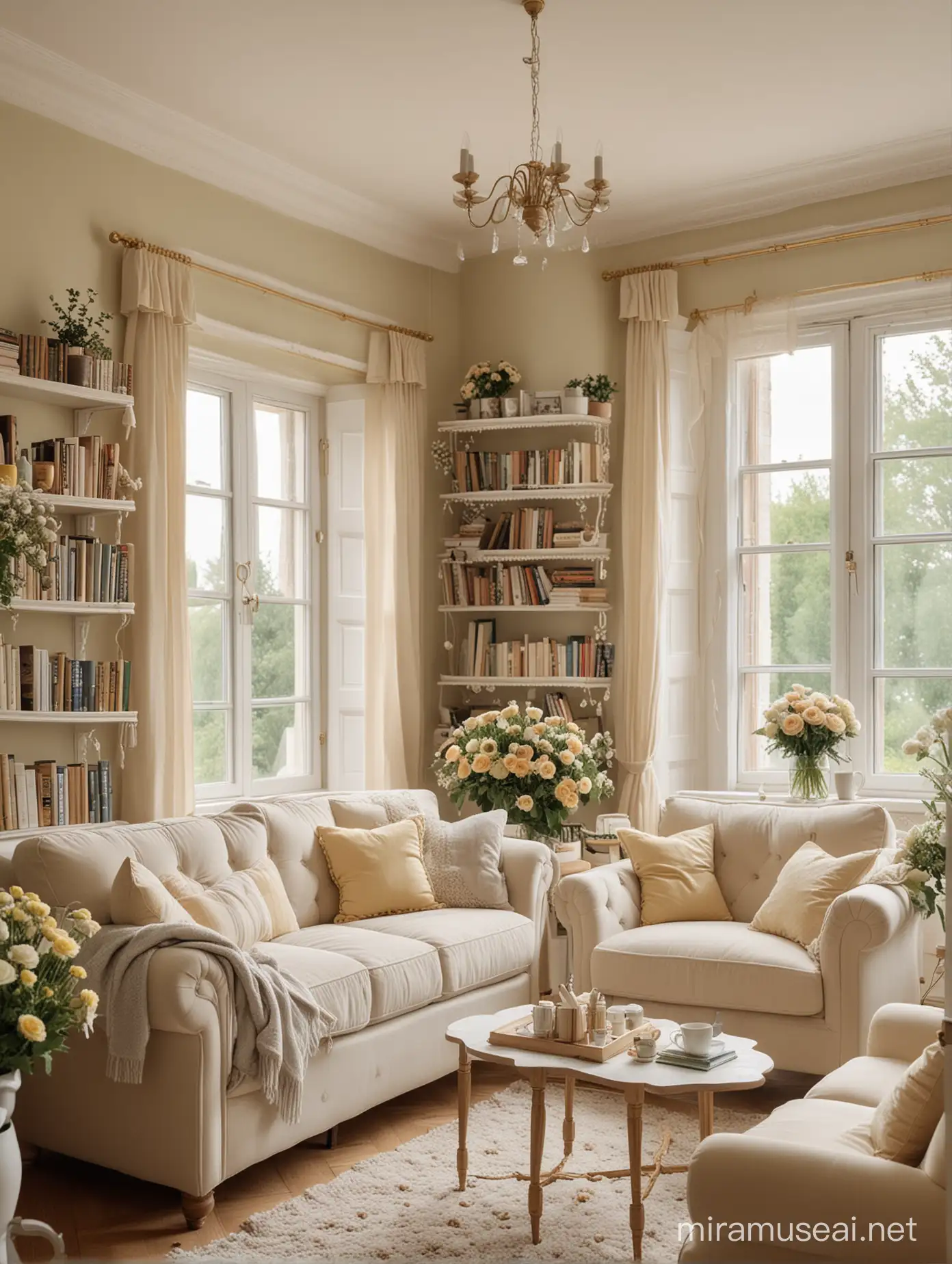 Cozy Home Interior with Green and Cream Sofas Pastel Roses and Peaceful Atmosphere