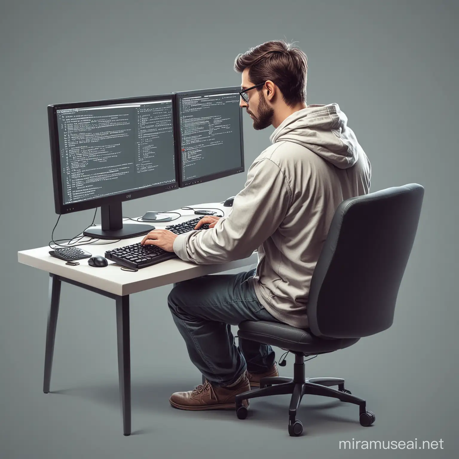 Программист за компьютером: Иллюстрация программиста, сидящего за компьютером с клавиатурой и монитором, пишущего код.