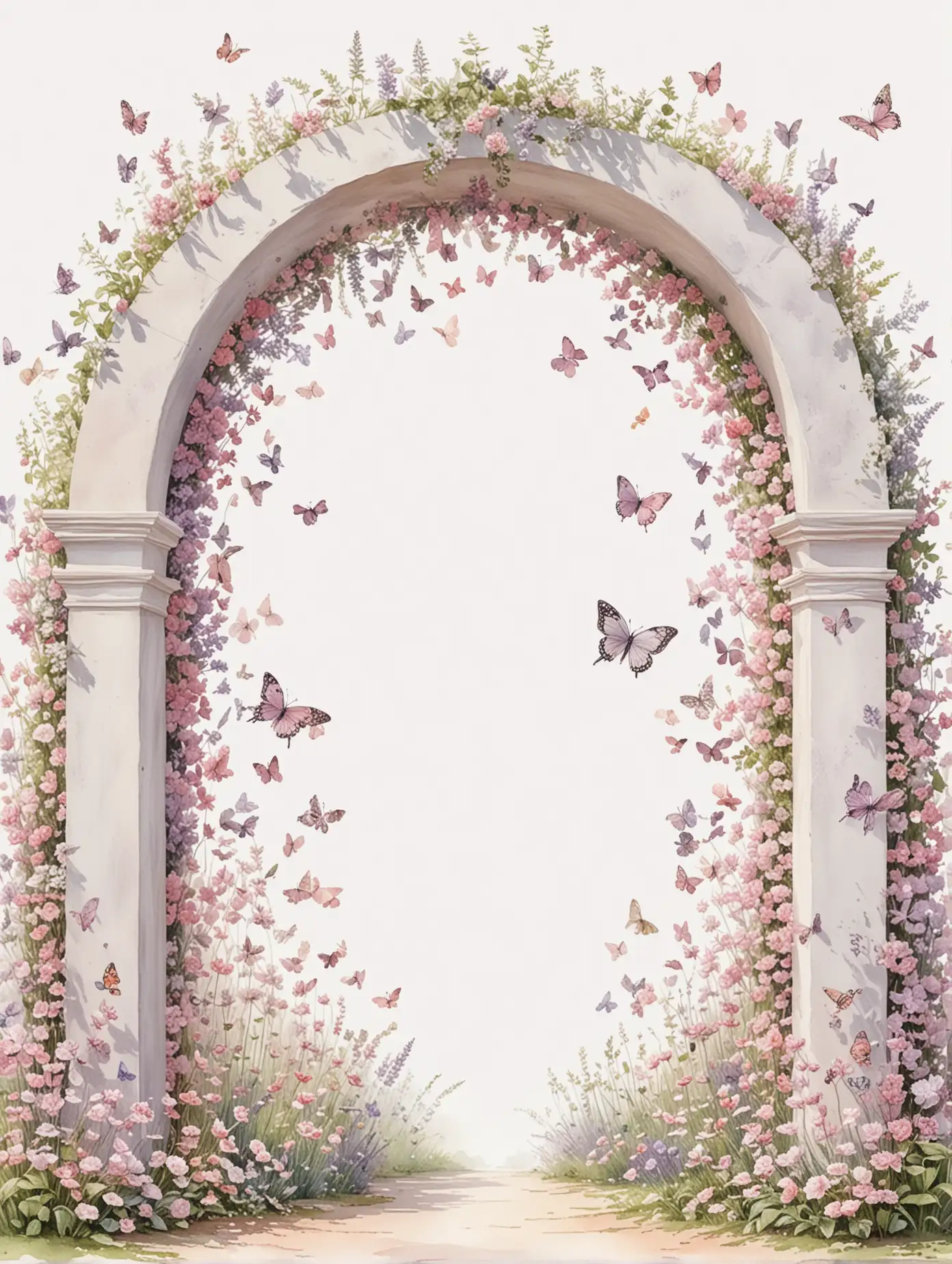 A large white garden arch, with Butterflies, different varieties and sizes, flying inside the arch, in shades of soft pastel pink and very light lilac, middle of image open for text, isolated on a solid white background, watercolour style