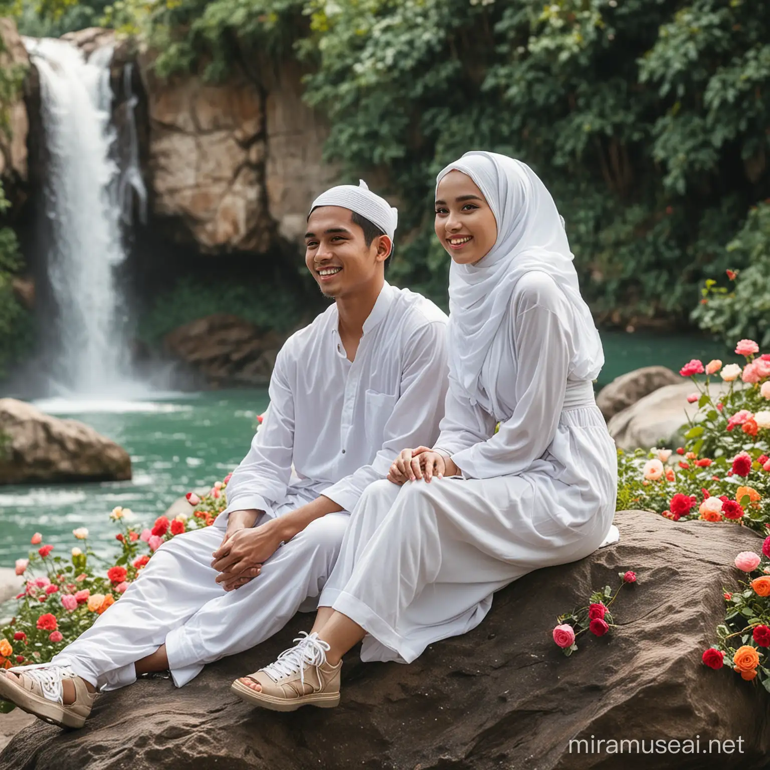 Gadis cantik berjilbab putih duduk di sebuah batu besar, usia 22 tahun, wajah indonesia,
Di temani cowok ganteng usia 25 tahun, wajah bersih indonesia,  ter senyum ,
baiground air terjun sejuk ada bunga mawar warna warni , air jernih, full body