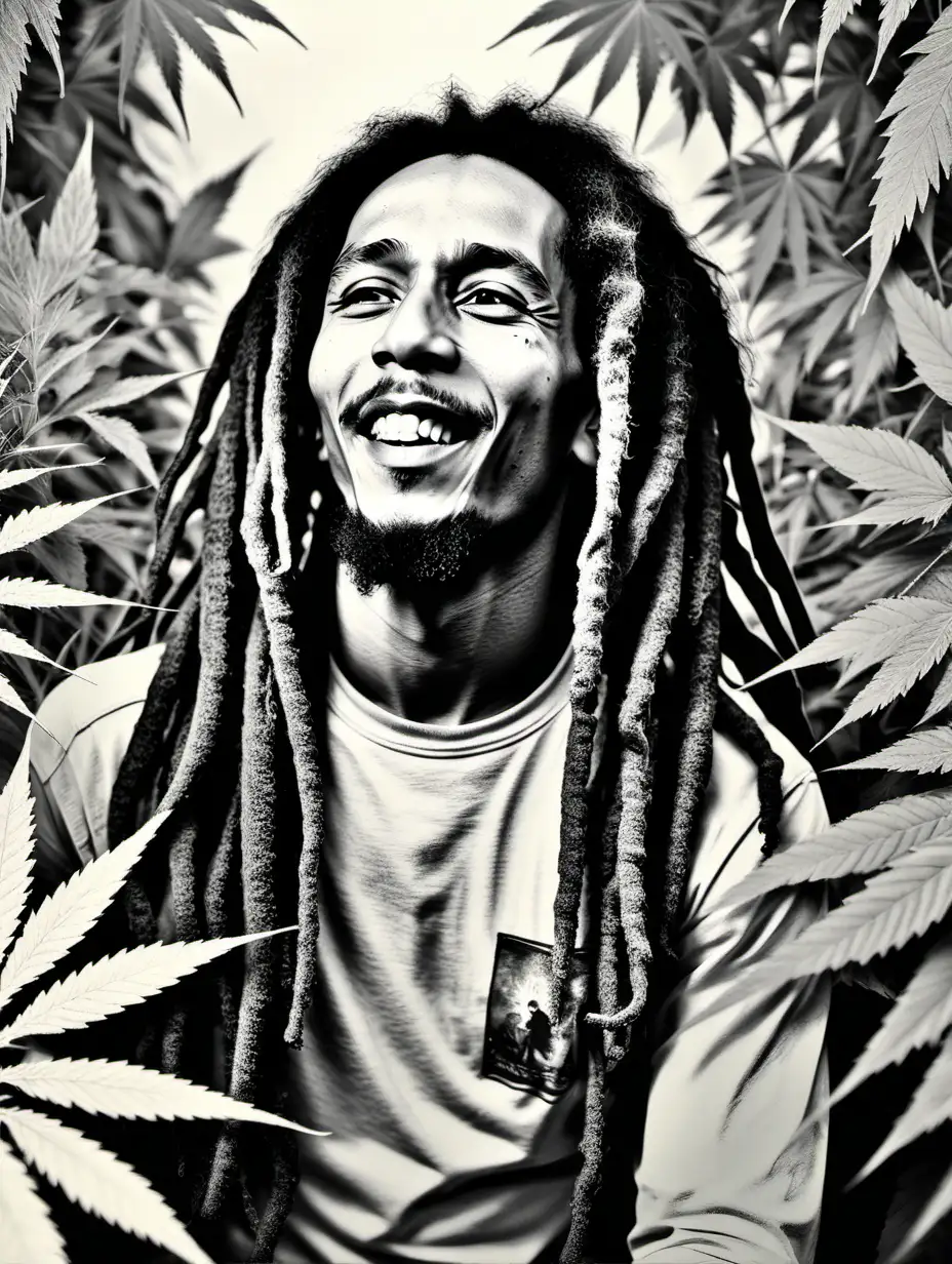 Bob Marley Pencil Sketch with Giant Marijuana Plants Background