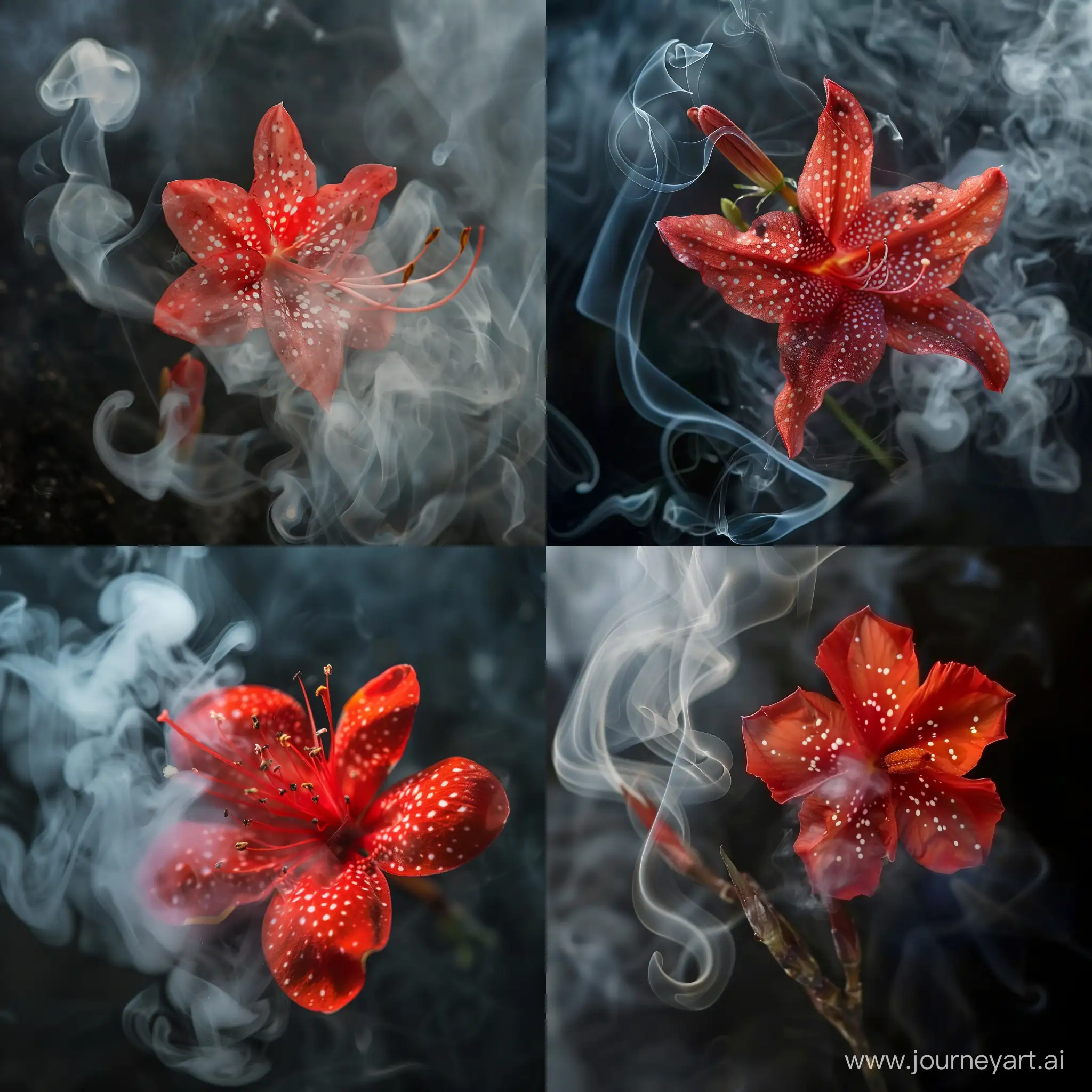 Vibrant-Red-Flower-with-White-Spots-Emerging-from-Smoke