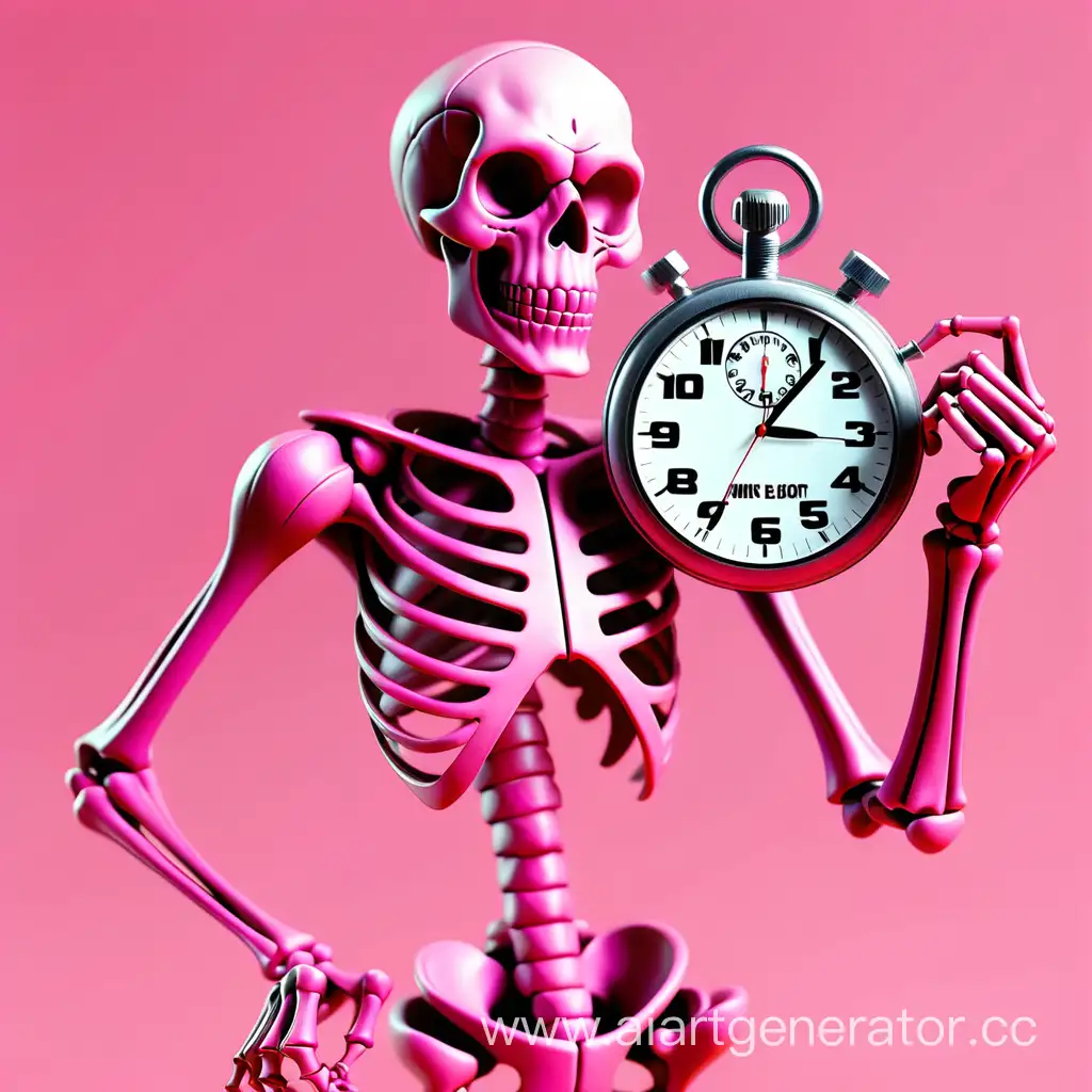 Розовый скелет держит секундомер