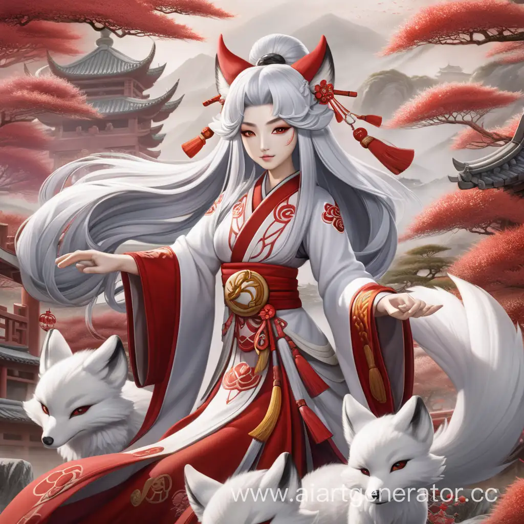 Китайская богиня бессмертная лиса Хусянь с белыми волосами и красно малиновыми 10 хвостами геншин